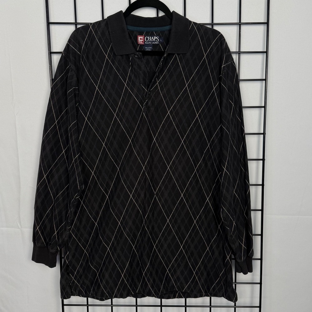 Vintage Chaps RL Ralph Lauren Rugby Polo Shirt Mens Large Gray 90s Argyle‎ Print